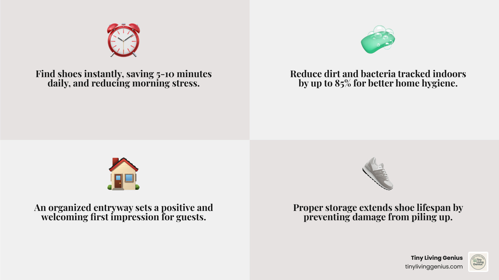 infographic showing four key benefits of organized entryway shoe storage: 1) Less Morning Stress - find shoes instantly, save 5-10 minutes daily, 2) Better Home Hygiene - reduce dirt and bacteria tracked indoors by up to 85%, 3) Welcoming First Impression - organized entryway sets positive tone for guests, 4) Protected Footwear - proper storage extends shoe lifespan by preventing damage from piling - Shoe storage entryway infographic 4_facts_emoji_grey
