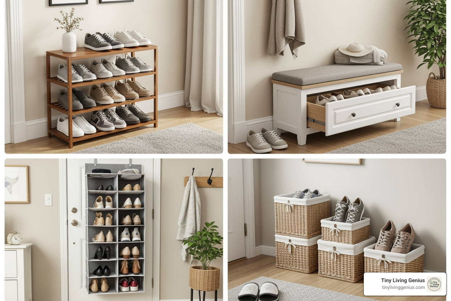 various shoe storage types in a collage - Shoe storage entryway