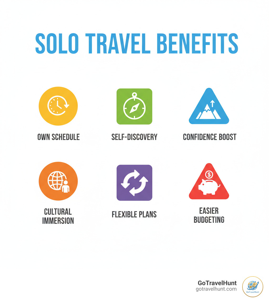 infographic showing key benefits of solo travel including freedom to set your own schedule, opportunities for self-discovery, increased confidence, deeper cultural immersion, flexibility to change plans spontaneously, and easier budgeting with no group compromises - solo trip ideas infographic  infographic showing key benefits of solo travel including freedom to set your own schedule, opportunities for self-discovery, increased confidence, deeper cultural immersion, flexibility to change plans spontaneously, and easier budgeting with no group compromises - solo trip ideas infographic