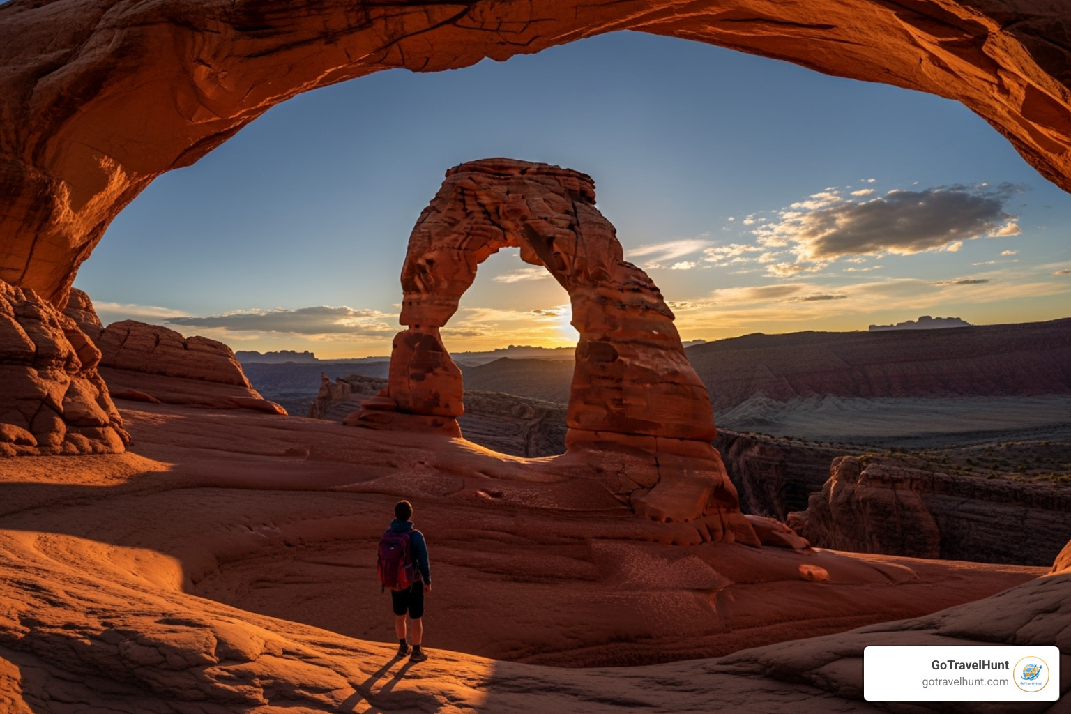 solo hiker looking up at the Delicate Arch in Arches National Park - solo trip ideas solo hiker looking up at the Delicate Arch in Arches National Park - solo trip ideas