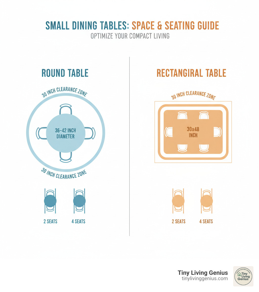 Infographic comparing space requirements and seating capacity of round versus rectangular small dining tables, showing floor plan footprints with clearance zones, typical dimensions (36-42 inch round vs 30x48 inch rectangular), and seating arrangements for 2-4 people - table small dining infographic  Infographic comparing space requirements and seating capacity of round versus rectangular small dining tables, showing floor plan footprints with clearance zones, typical dimensions (36-42 inch round vs 30x48 inch rectangular), and seating arrangements for 2-4 people - table small dining infographic