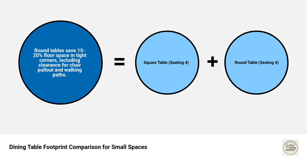 infographic showing footprint comparison of round table versus square table, both seating four people, with measurements indicating the round table requires approximately 15-20% less floor space in corner placement, including clearance zones for chair pullout and walking paths around each table shape - dining table for small place infographic sum_of_parts