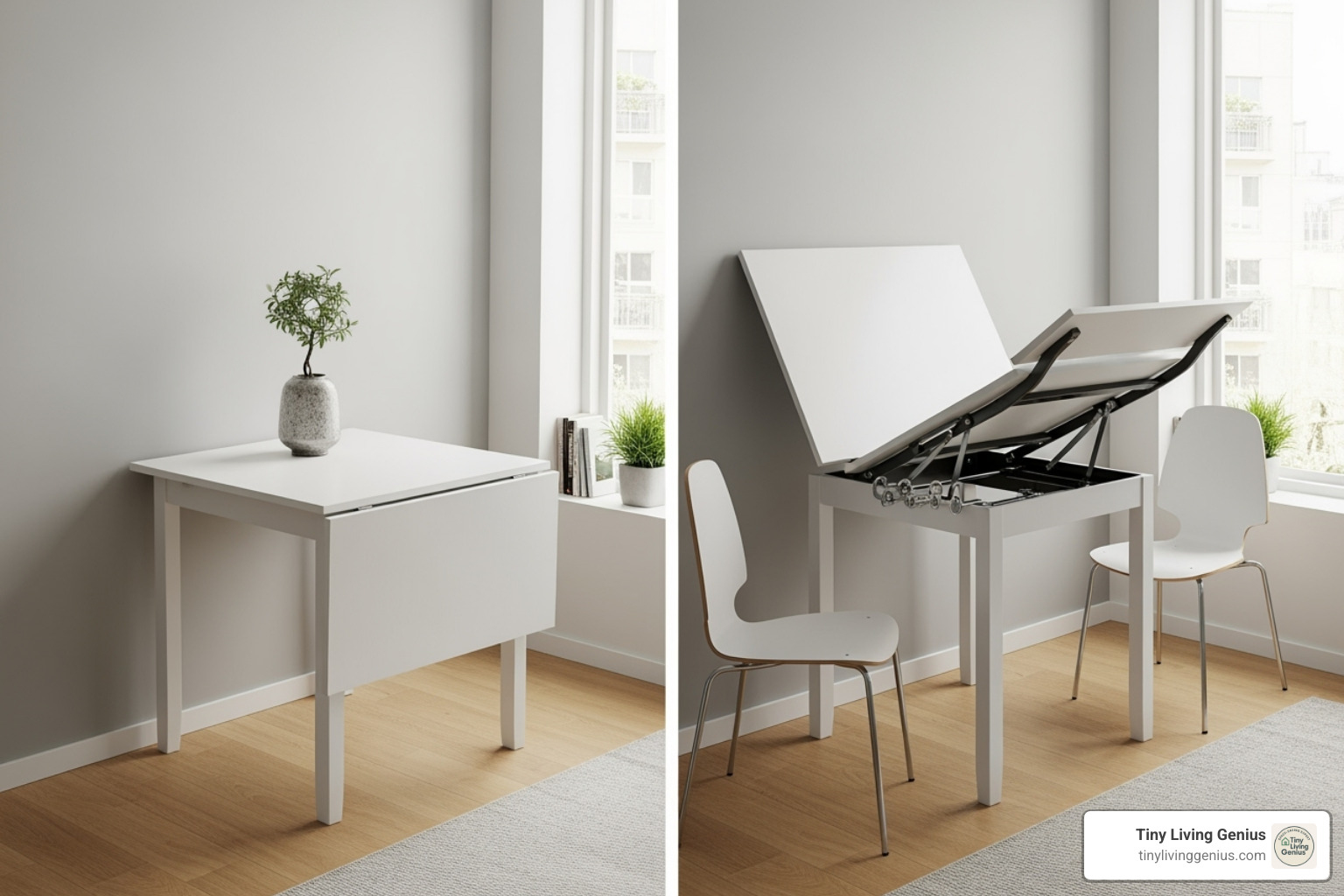 drop-leaf table shown in both its compact and extended forms - dining table for small place