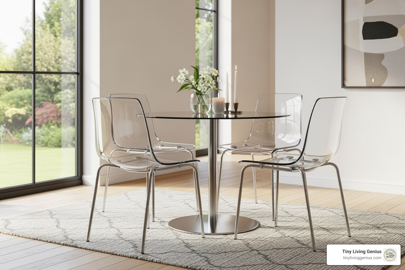 small glass dining table with transparent acrylic chairs - dining table for small place