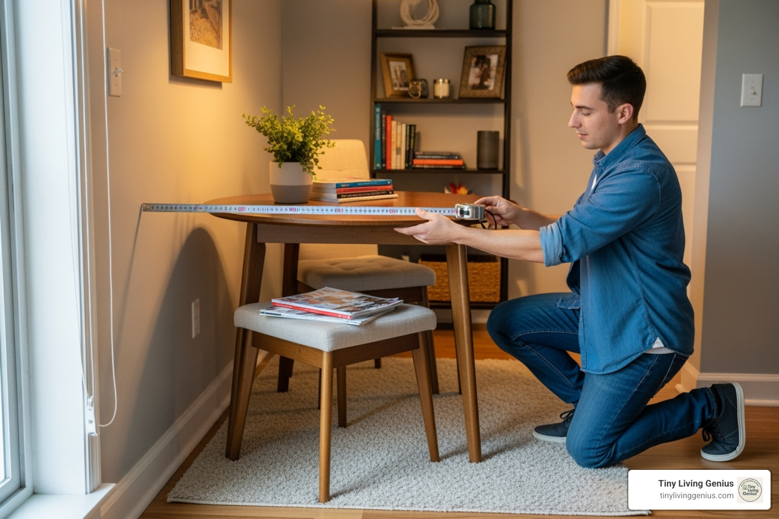 person using tape measure in small dining area - dining table for small place