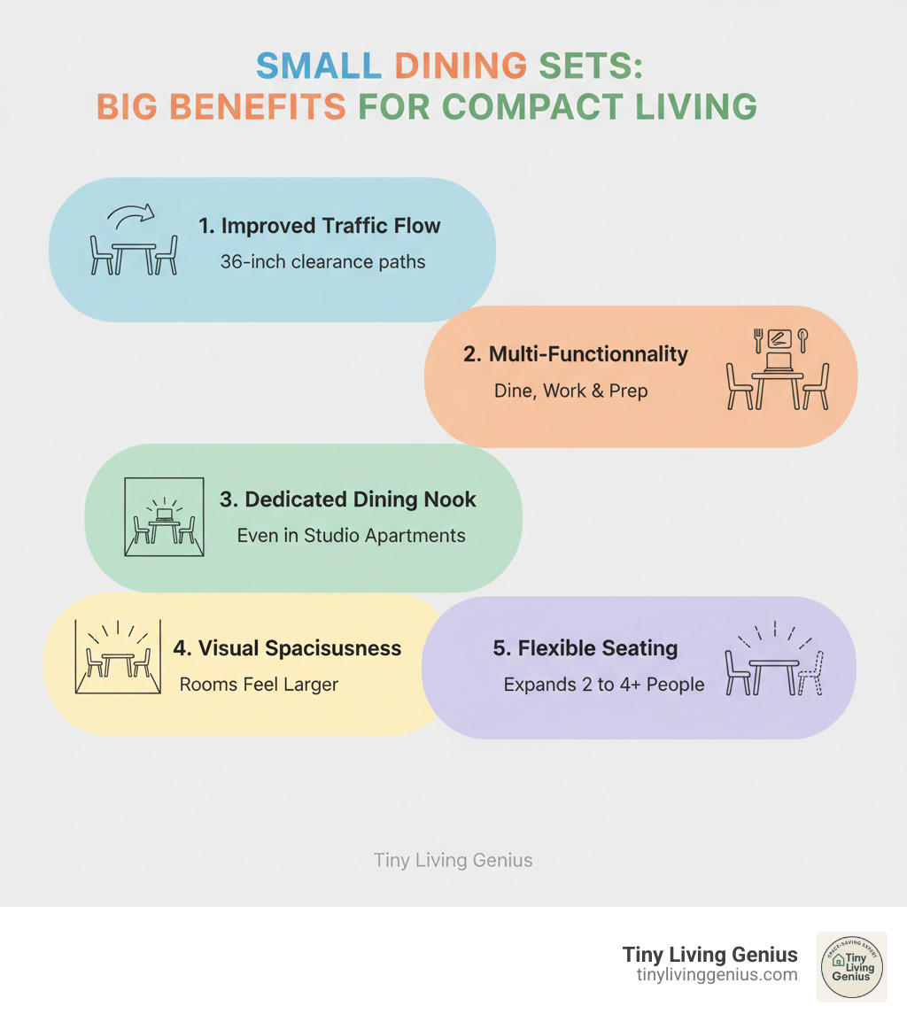 Infographic showing the key benefits of small dining sets: 1) Improved Traffic Flow - tables sized for 36-inch clearance paths, 2) Multi-Functionality - surfaces that work for dining, workspace, and food prep, 3) Dedicated Dining Nook - creates a defined eating area even in studio apartments, 4) Visual Spaciousness - right-sized furniture makes rooms feel larger, 5) Flexible Seating - options that expand from 2 to 4+ people as needed - small kitchen table for small kitchen infographic 