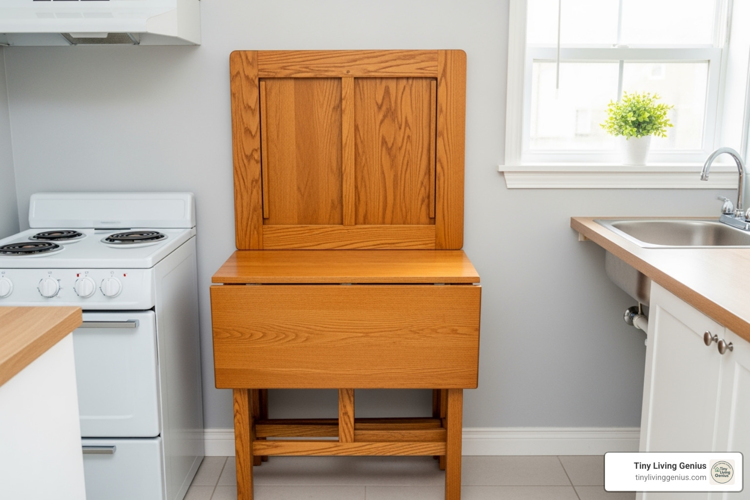 image of a drop-leaf table folded down against a wall - small kitchen table for small kitchen