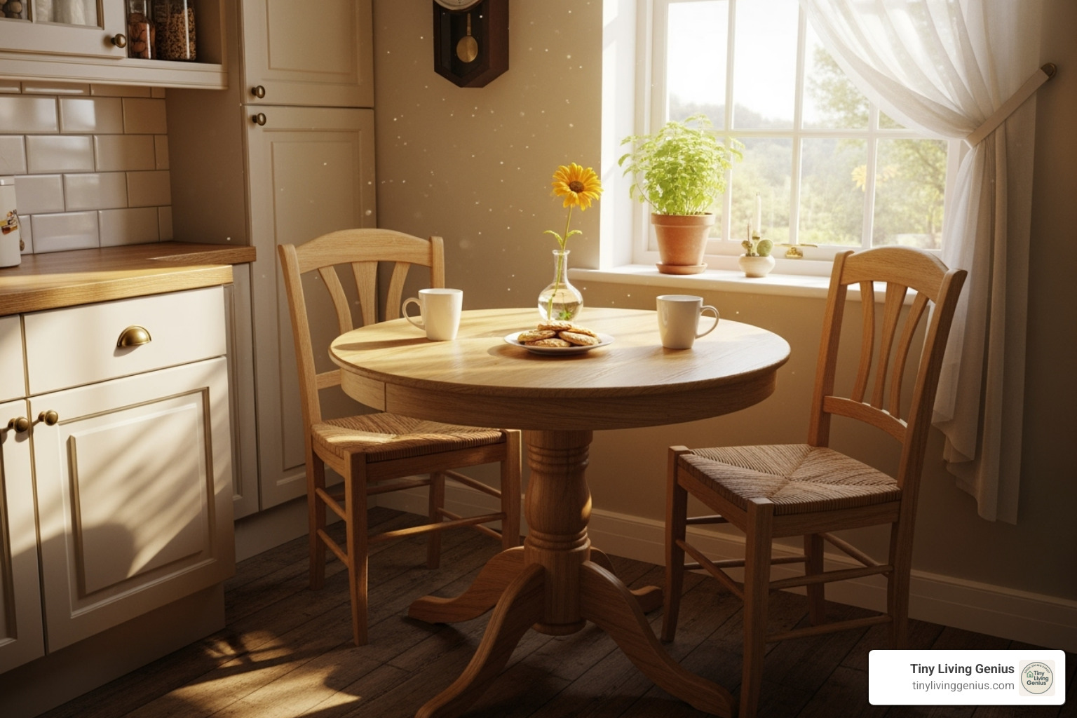 image of a small round pedestal table with two chairs in a kitchen corner - small kitchen table for small kitchen
