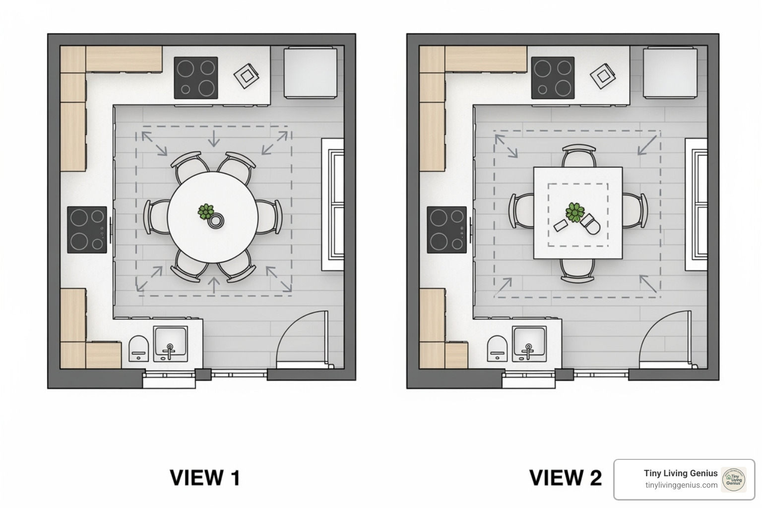 diagrams of round vs. square tables in a small room layout - small kitchen table for small kitchen