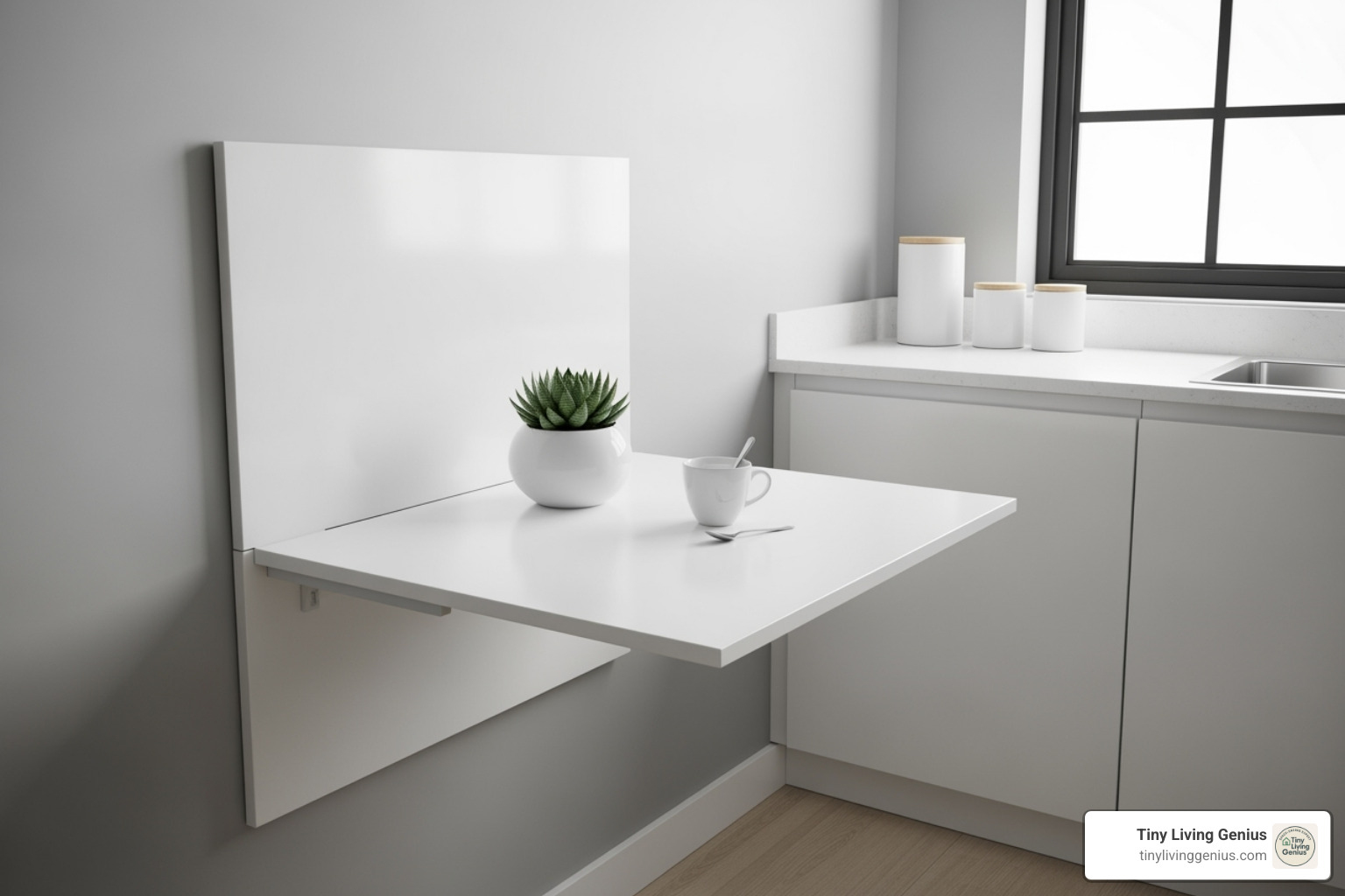 sleek, wall-mounted fold-down table in a tiny kitchen - dining table small area