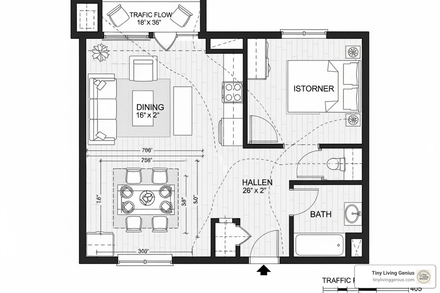 floor plan showing a small dining area with measurements for table clearance and traffic flow - dining table small area