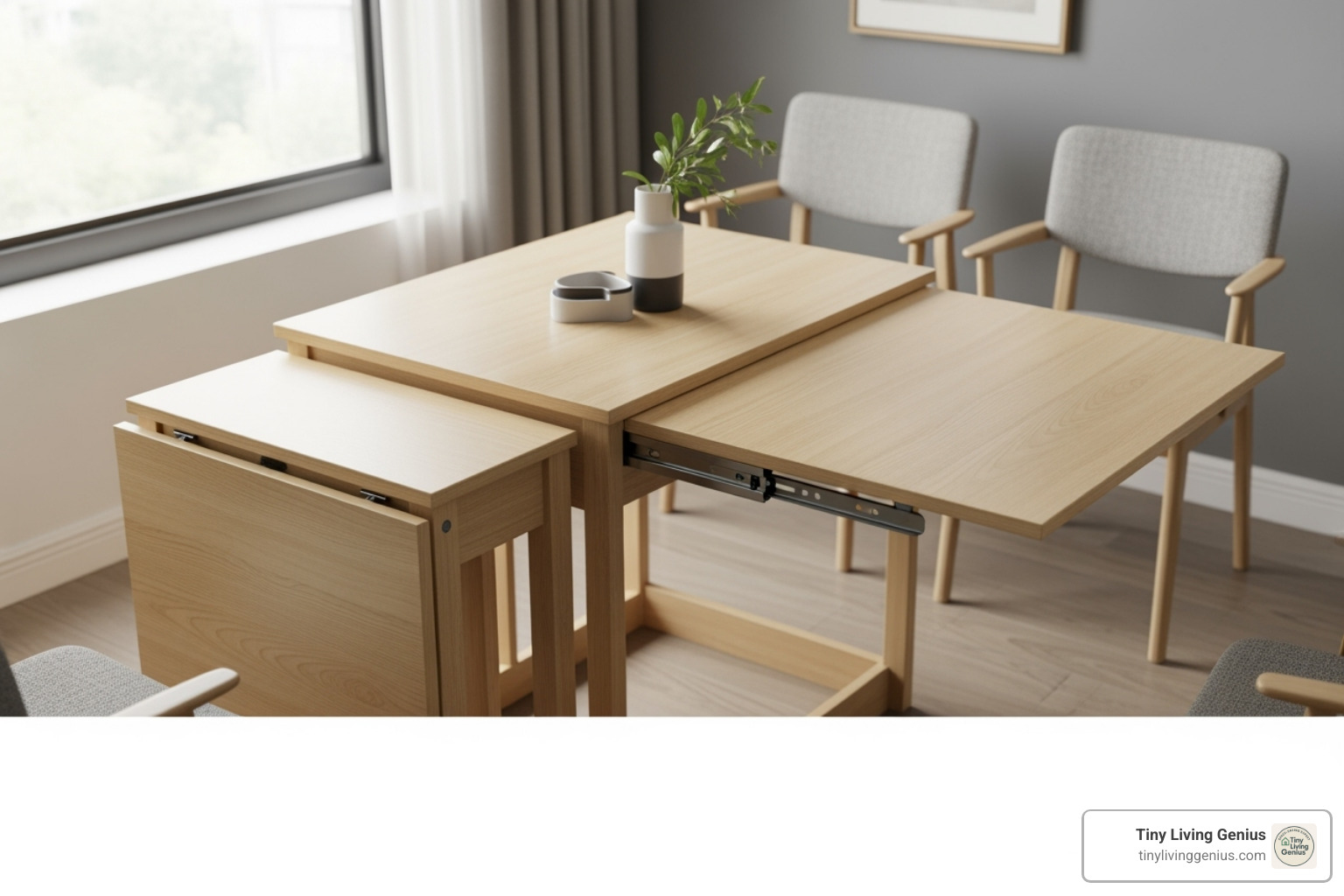 drop-leaf table shown in both its compact and extended forms - dining table small area