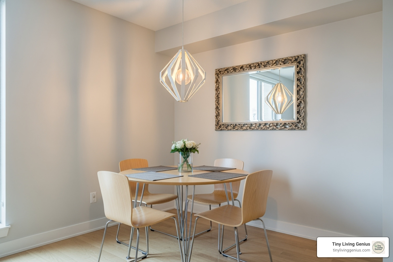 small dining area with a large wall mirror and a stylish pendant light - dining table small area