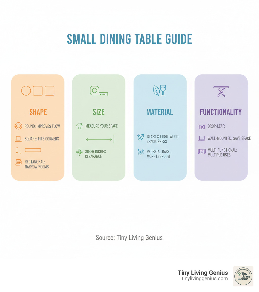 Infographic showing four key factors for choosing a small dining table: Shape (round tables improve flow, square tables fit corners, rectangular tables suit narrow rooms), Size (measure your space and allow 30-36 inches clearance), Material (glass and light wood create spaciousness, pedestal bases maximize legroom), and Functionality (drop-leaf tables offer flexibility, wall-mounted options save floor space, multi-functional designs serve multiple purposes) - dining table small area infographic 