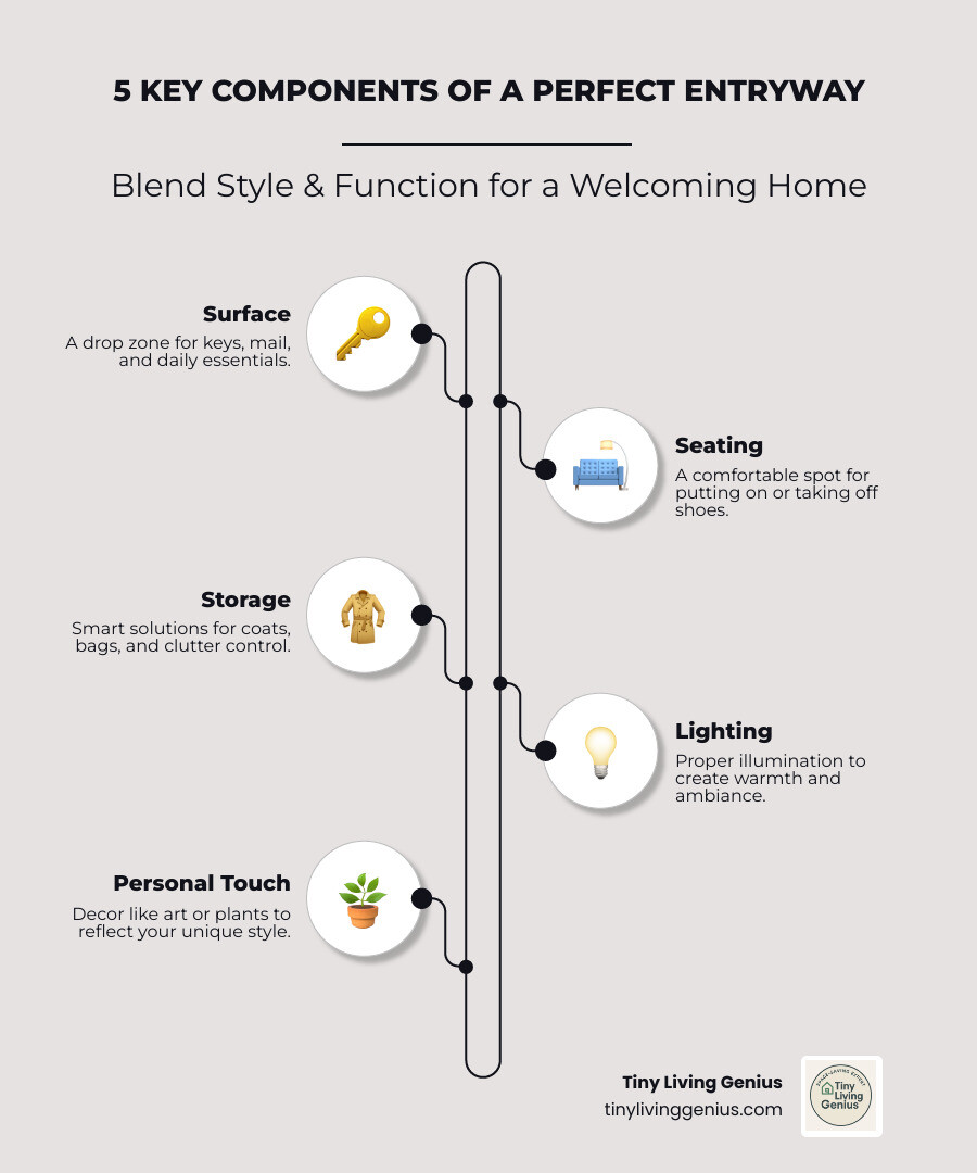 infographic showing five essential entryway components: a drop zone surface for keys and mail, comfortable seating for putting on shoes, smart storage solutions for coats and bags, proper lighting to create ambiance, and personal touches like art or plants - entryway decor ideas infographic infographic-line-5-steps-elegant_beige