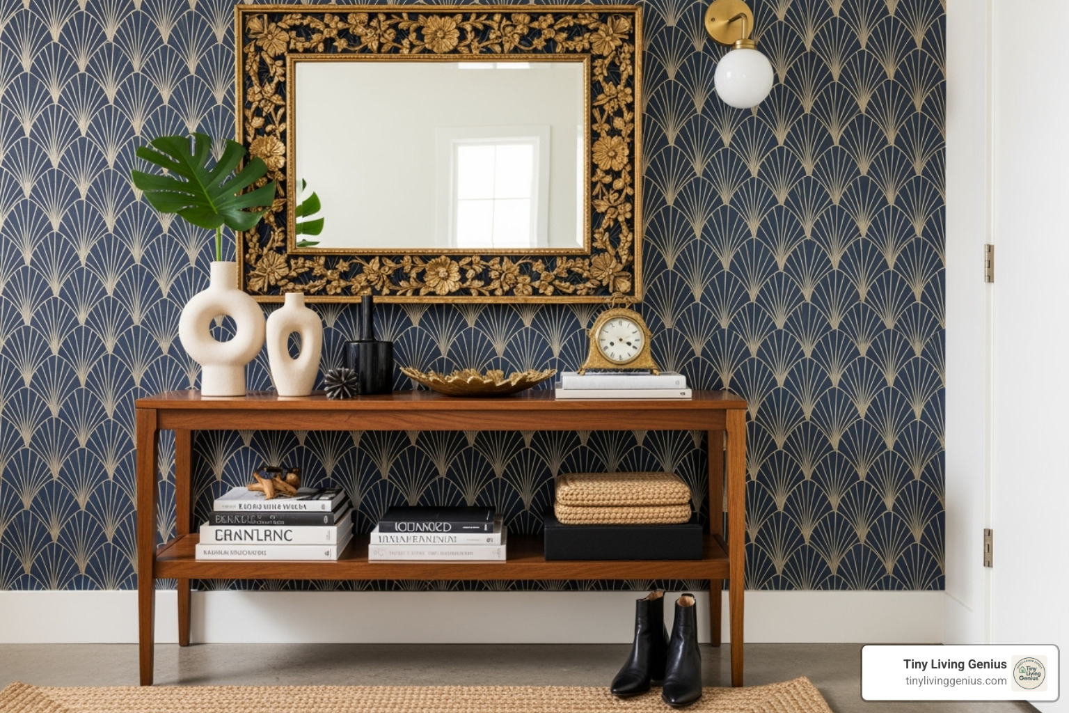 entryway with bold, patterned wallpaper and unique decor items - entryway decor ideas