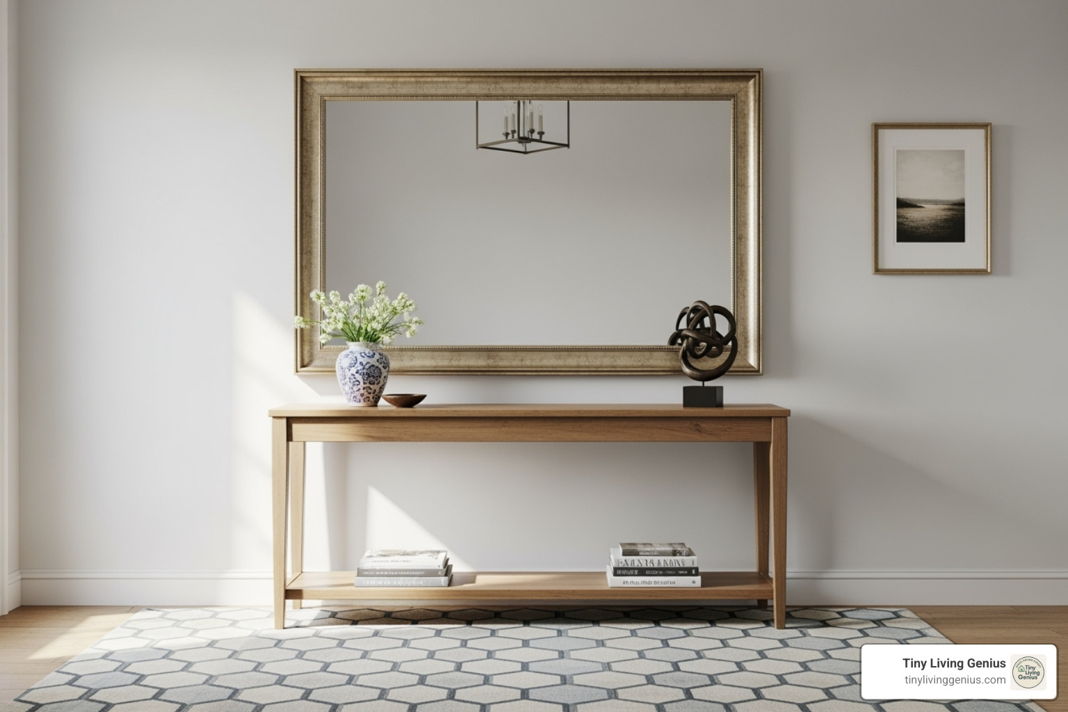 well-balanced entryway with a console table, large mirror, and a patterned rug - entryway decor ideas