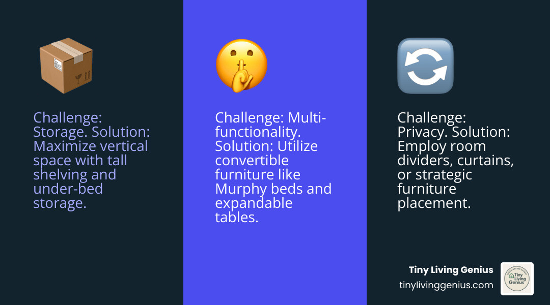 Infographic showing the 3 biggest challenges of one-room apartment living: Challenge 1 - Storage (solution: use vertical space with tall shelving and under-bed storage), Challenge 2 - Privacy (solution: room dividers, curtains, or strategic furniture placement), Challenge 3 - Multi-functionality (solution: convertible furniture like Murphy beds and expandable tables) - one room apartment layout infographic 3_facts_emoji_blue