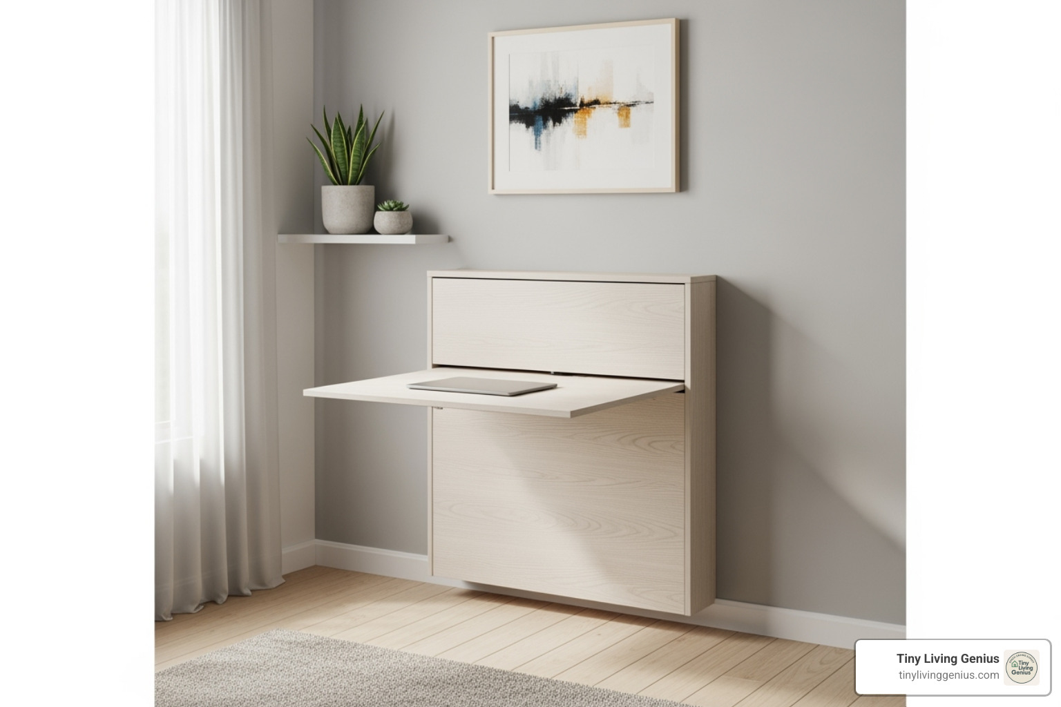 compact wall-mounted desk folded up - one room apartment layout