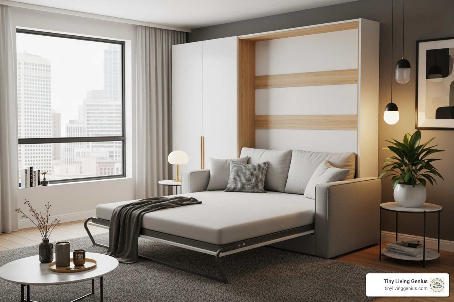 Murphy bed with integrated sofa - one room apartment layout