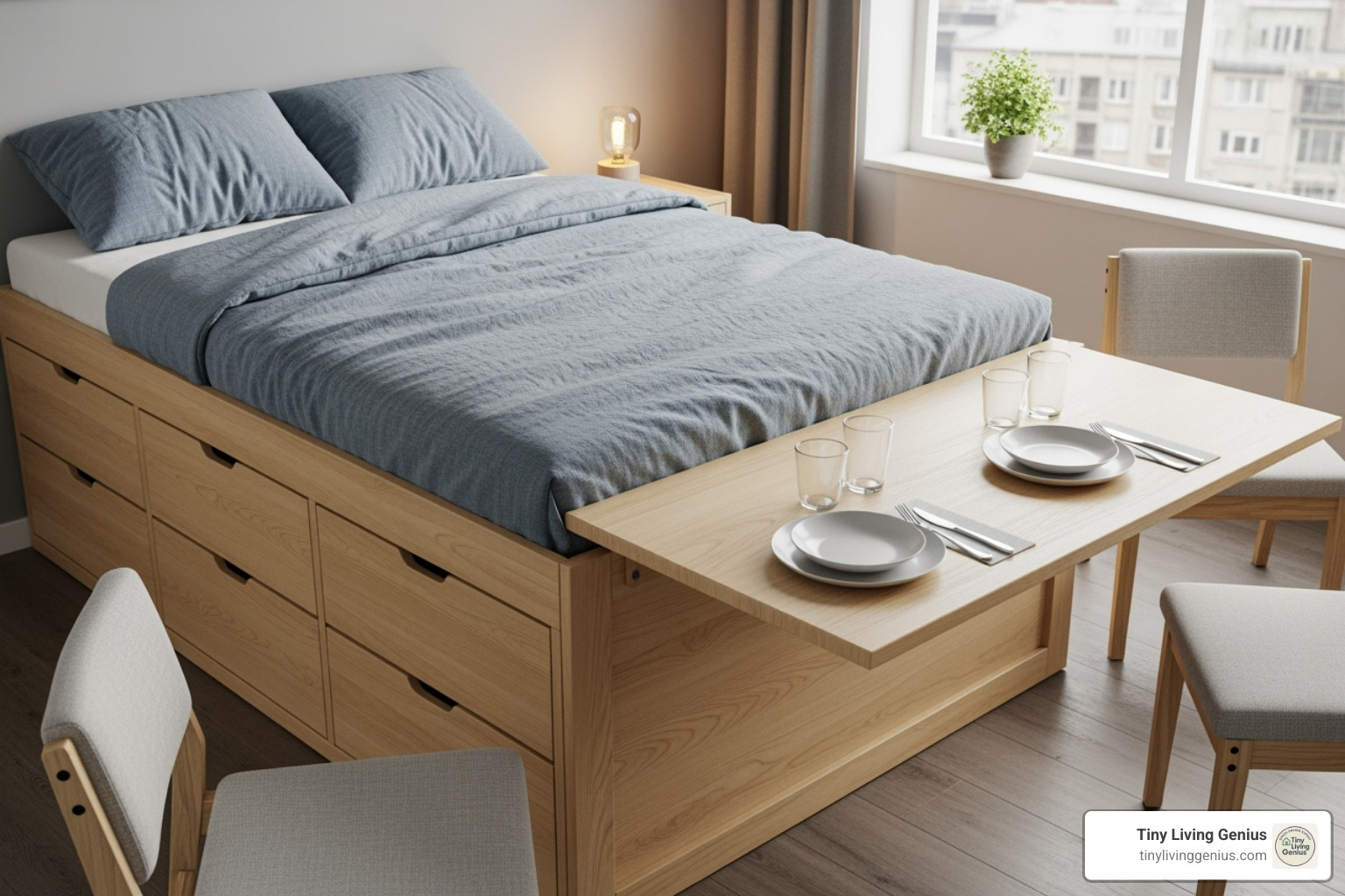 bed with drawers and pull-out dining table - one room apartment layout