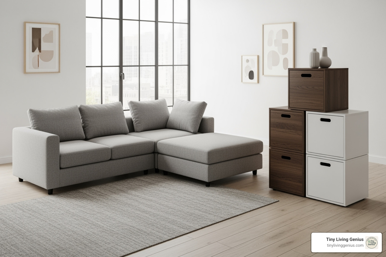 modular sofa and movable storage cubes - one room apartment layout