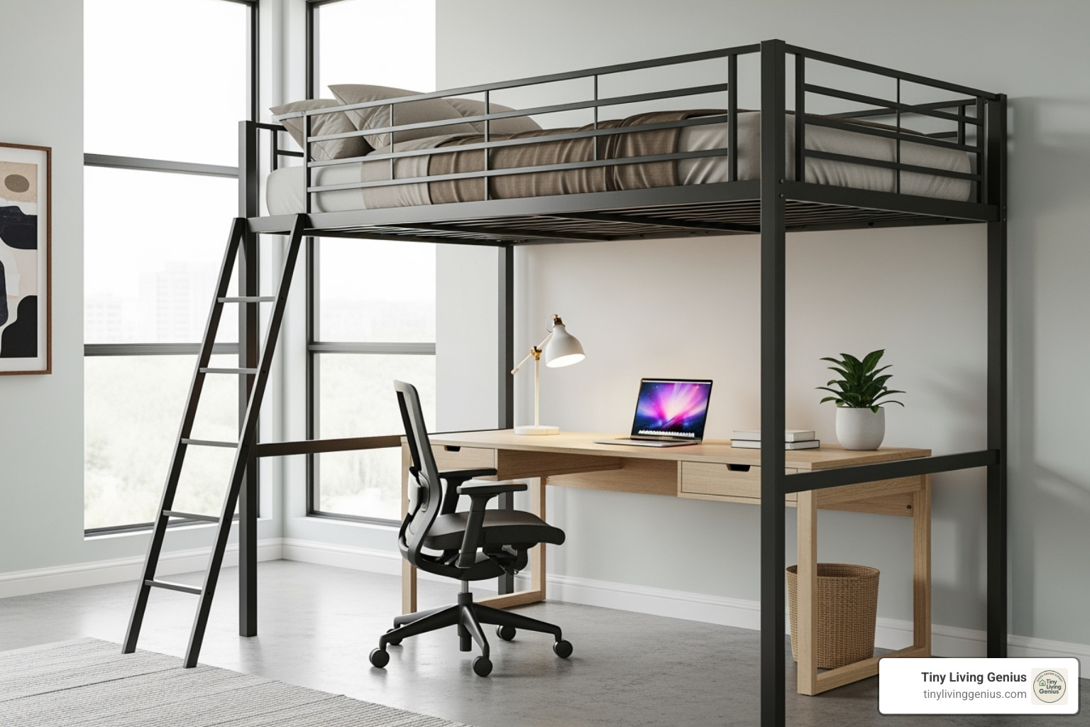 sleek loft bed with workspace - one room apartment layout