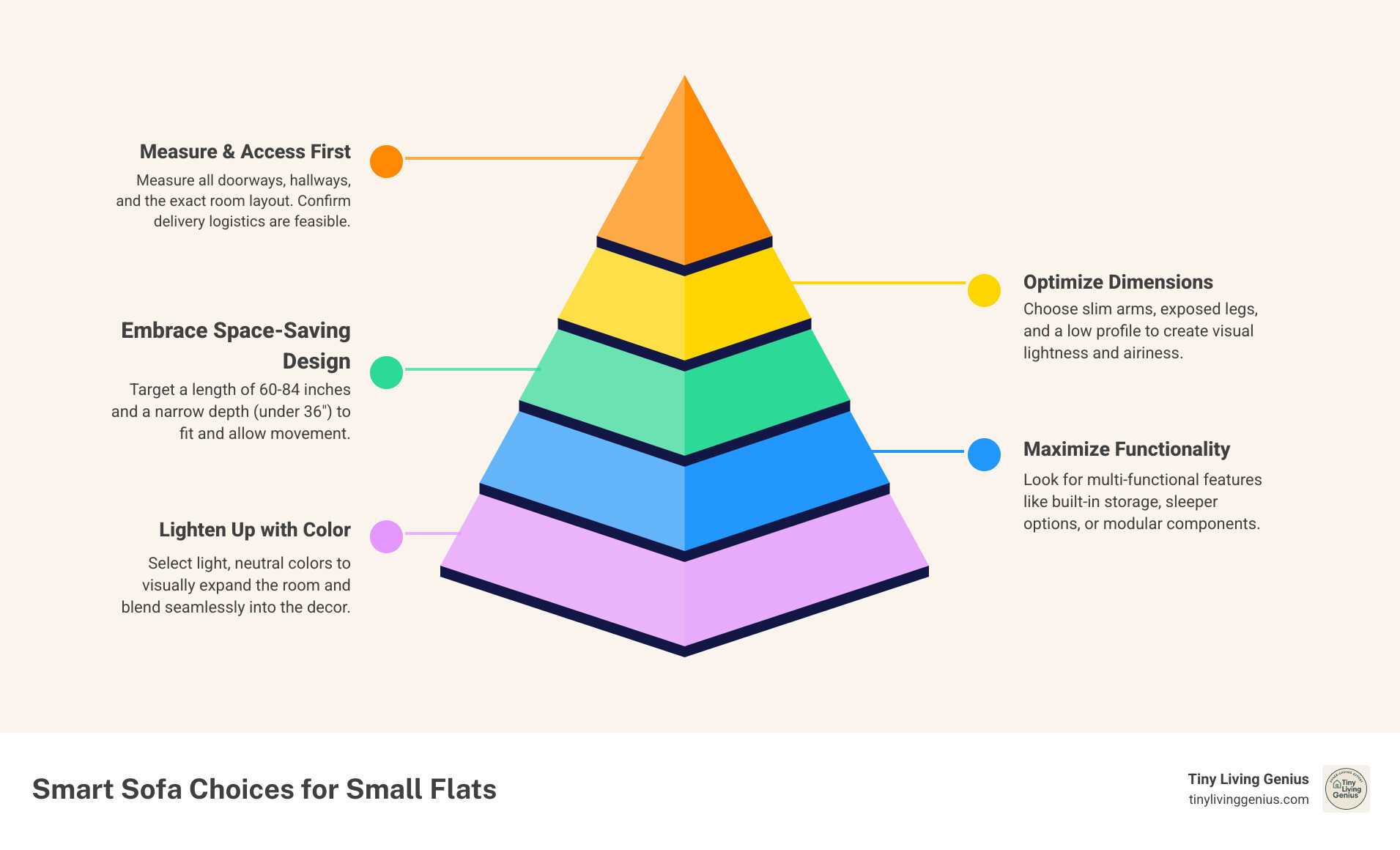Infographic showing a step-by-step decision tree: Step 1 - Measure your doorways and room layout; Step 2 - Decide on sofa length 60-84 inches based on space; Step 3 - Choose leg style with exposed legs for airiness; Step 4 - Consider multi-function features like sleeper or storage; Step 5 - Select light neutral colors to expand visual space; Step 6 - Verify delivery logistics and assembly requirements - sofas for small flats infographic pyramid-hierarchy-5-steps