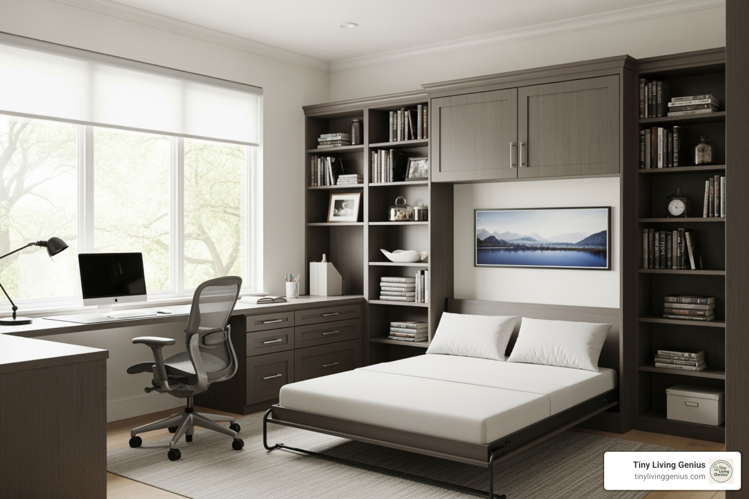 home office with wall bed folded up - space saving wall bed
