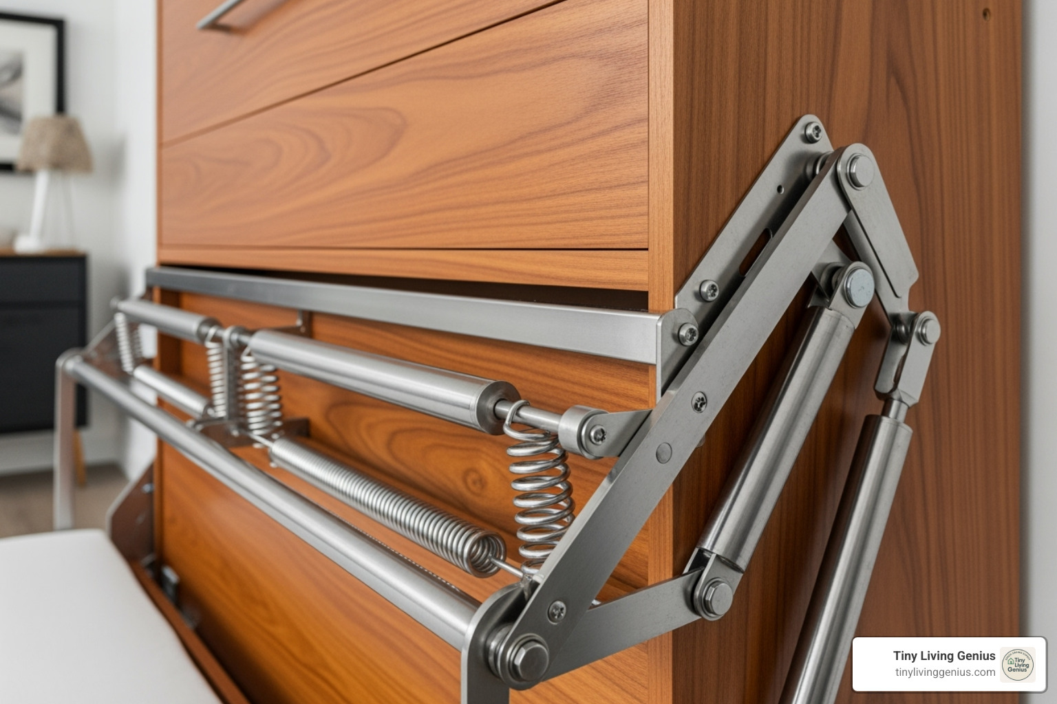 close-up of high-quality wood and steel mechanism - space saving wall bed