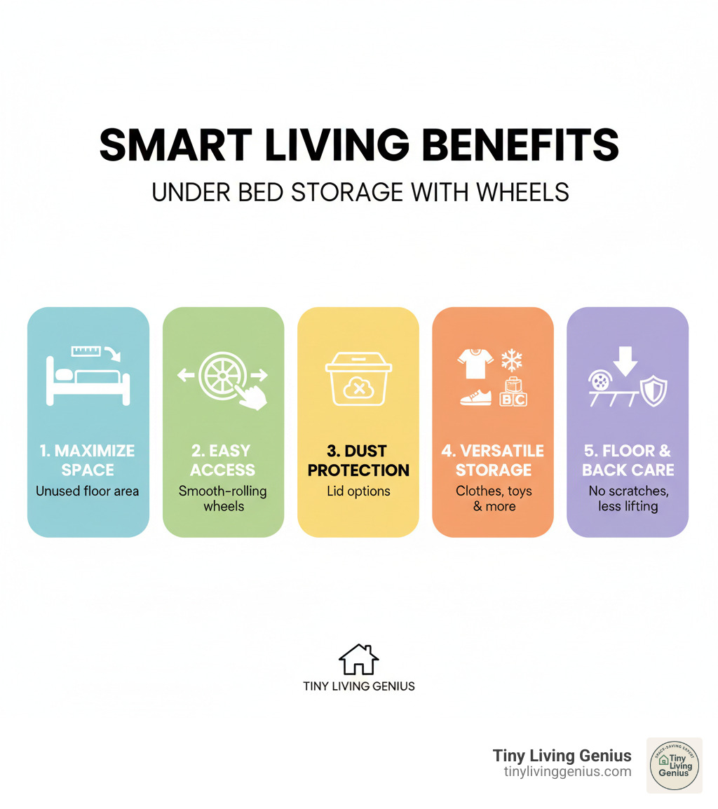 Benefits of Under Bed Storage with Wheels: 1. Maximize unused floor space beneath your bed, 2. Easy access with smooth-rolling wheels on any surface, 3. Protect belongings from dust with lid options, 4. Versatile storage for clothes, shoes, toys, linens and seasonal items, 5. Prevent floor scratches and reduce heavy lifting - under bed storage with wheels infographic 