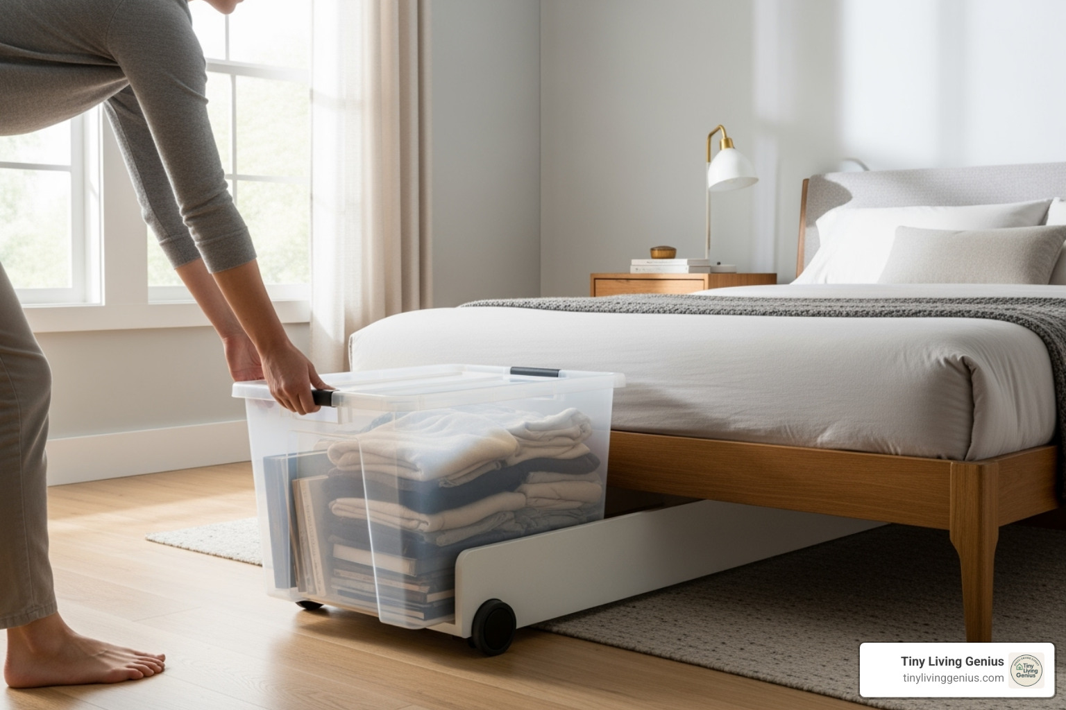 person effortlessly sliding a wheeled storage bin out from under a bed - under bed storage with wheels