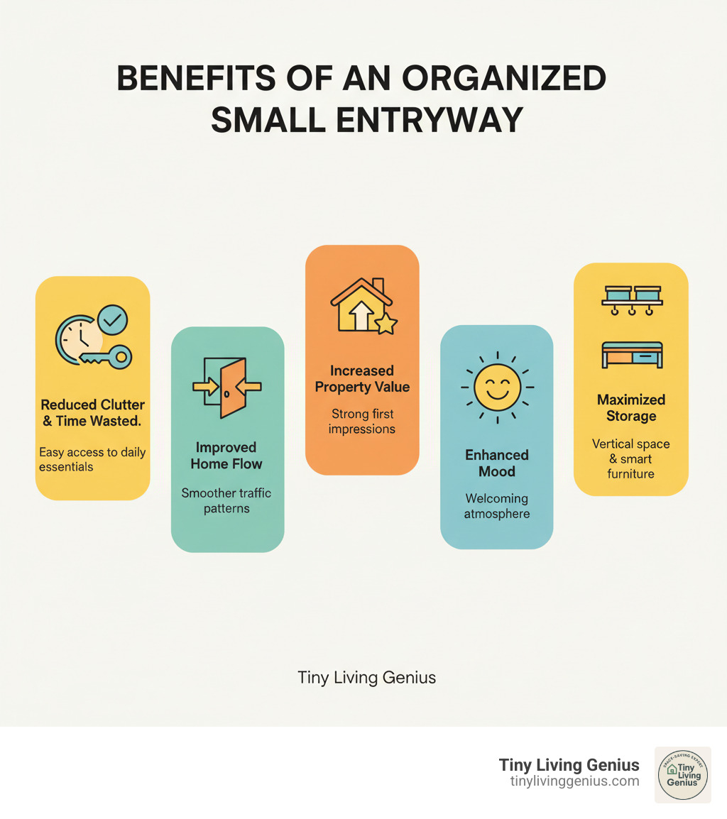 Infographic showing the key benefits of an organized small entryway: reduced daily clutter and time wasted searching for items, improved home flow and traffic patterns, increased property value through strong first impressions, enhanced mood with a welcoming atmosphere, and maximized storage capacity using vertical space and multi-functional furniture - Small entryway ideas infographic 