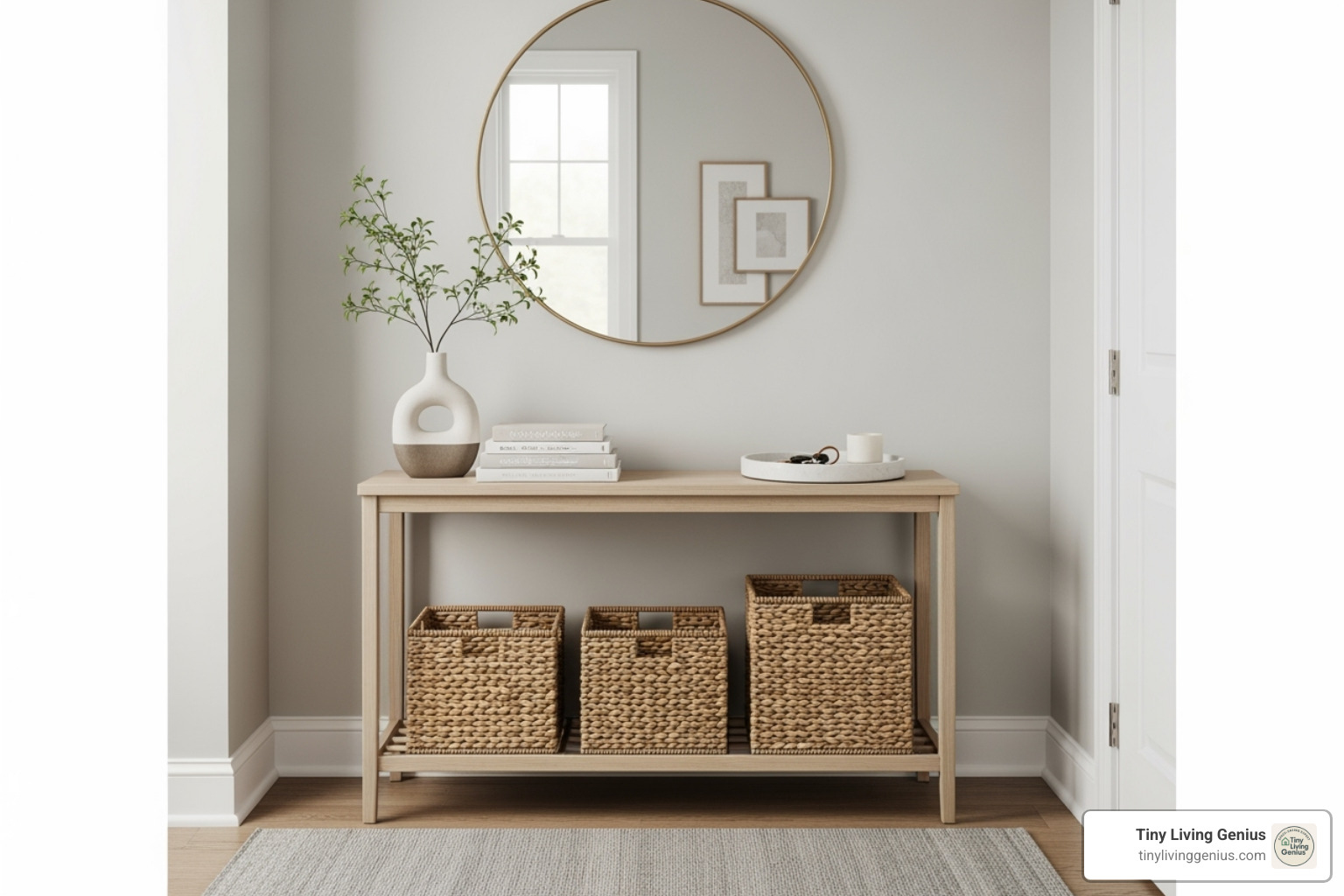 slim console table with baskets underneath - Small entryway ideas