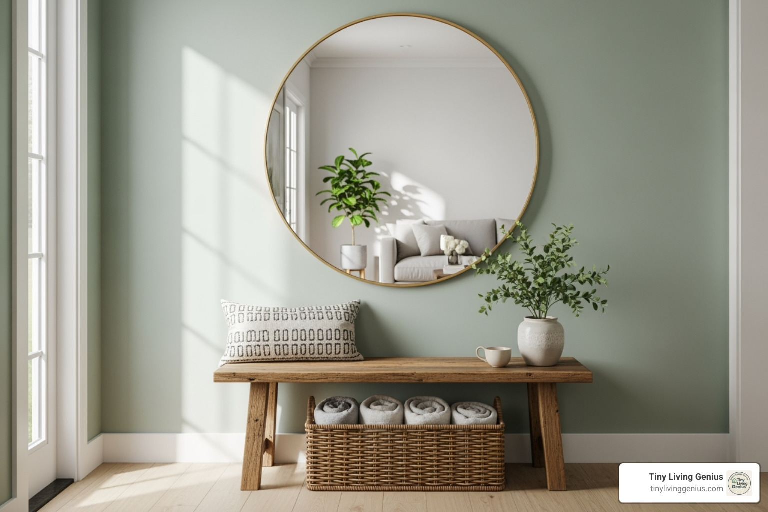 large round mirror above a small bench - Small entryway ideas
