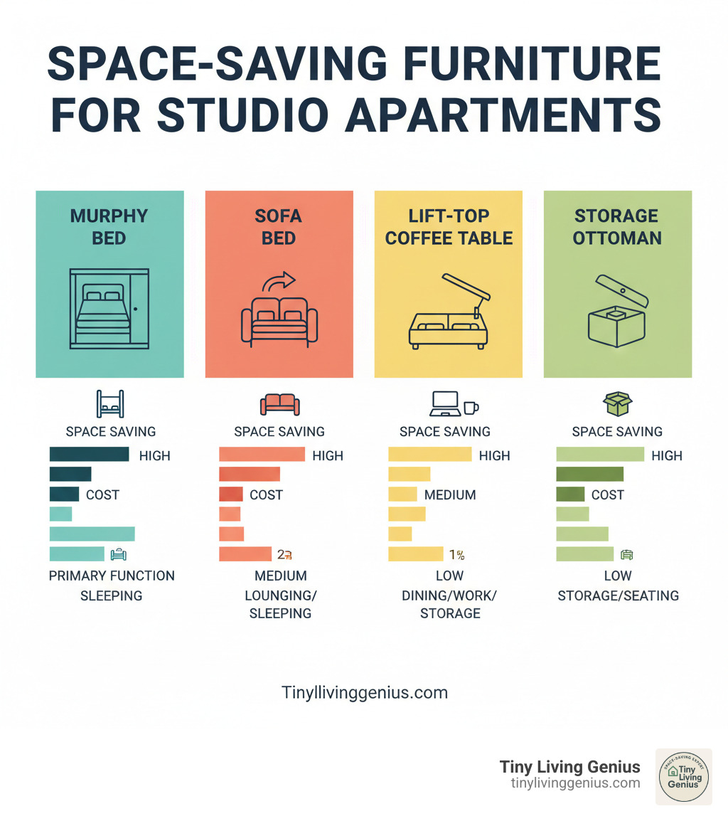 Comparison of multi-functional furniture types (Murphy Bed, Sofa Bed, Lift-Top Coffee Table, Storage Ottoman) showing space-saving potential, cost, and primary function. - floor plan for a studio apartment infographic 