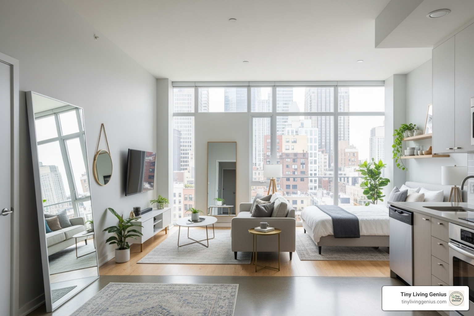 studio with large windows, light-colored walls, and strategically placed mirrors - floor plan for a studio apartment