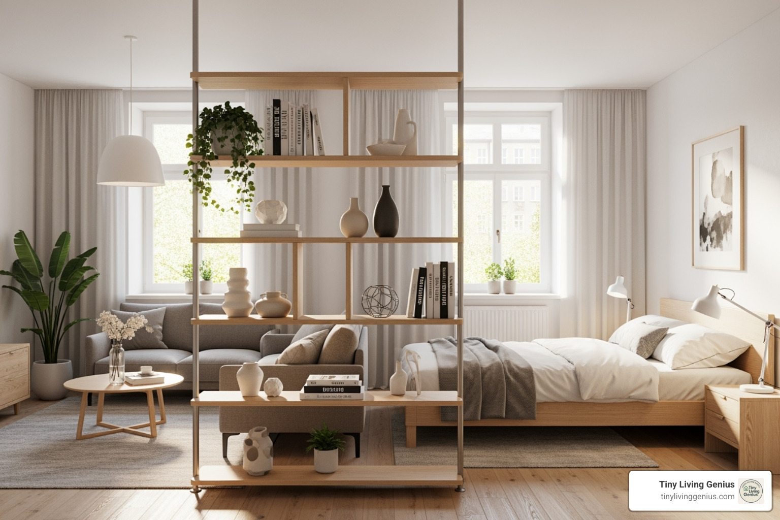 open-shelf bookcase used as a room divider that doesn't block light - floor plan for a studio apartment
