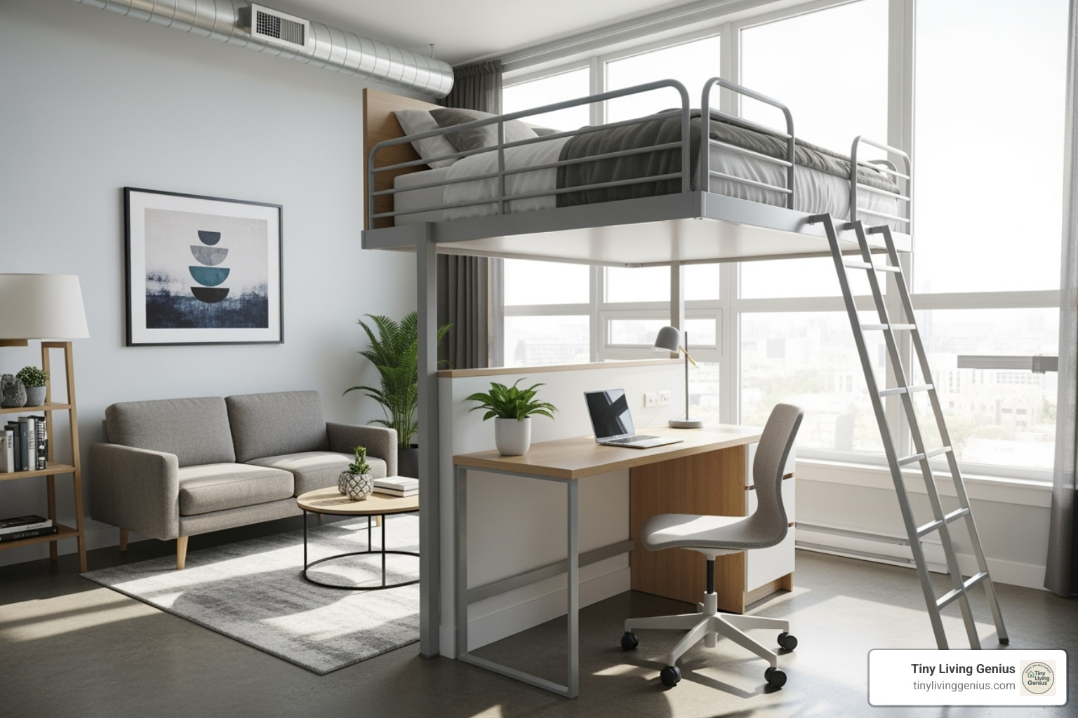 studio with a lofted bed and a desk or seating area underneath - floor plan for a studio apartment