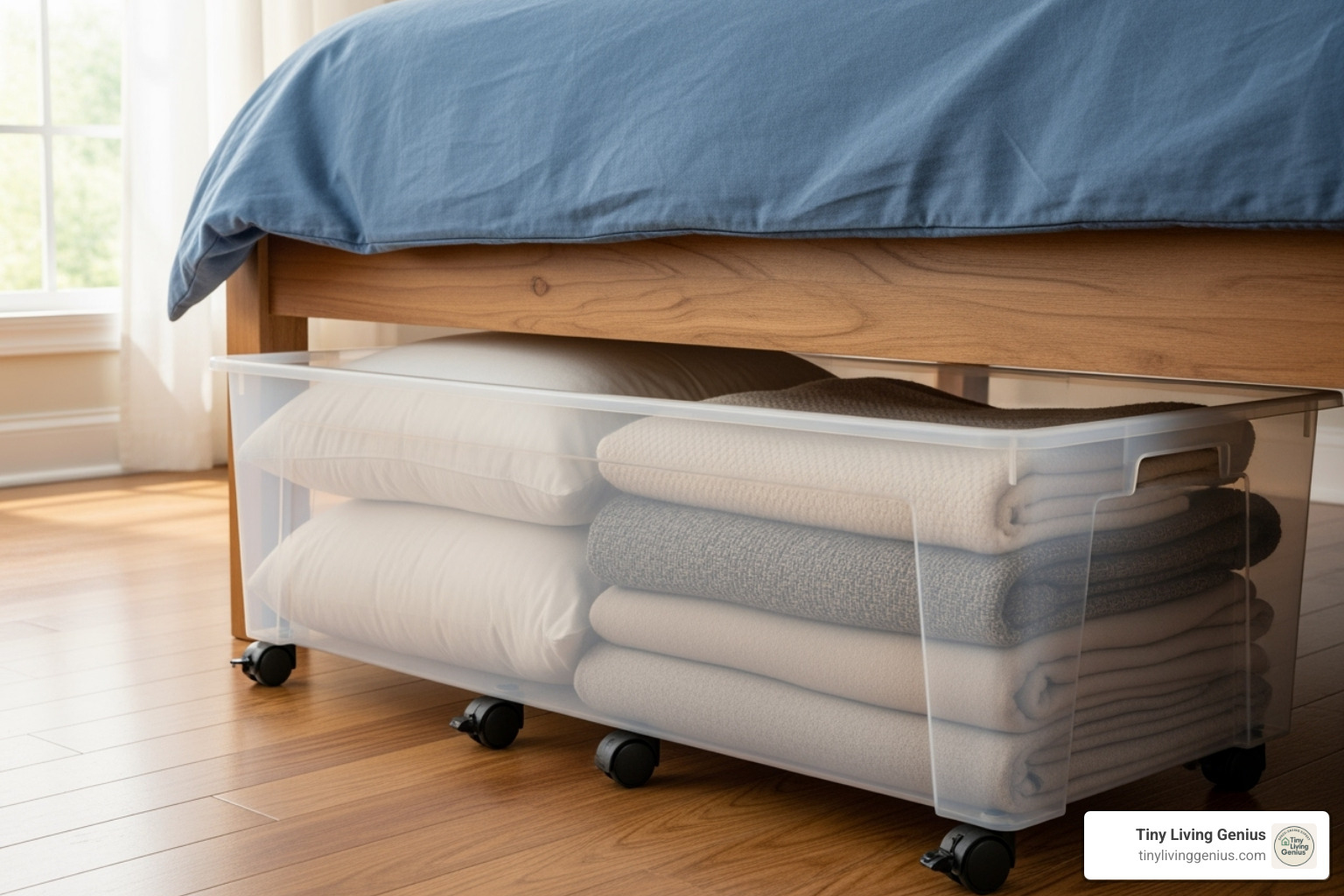 clear storage container showing organized contents, labels, dividers, and sturdy wheels - under bed storage with wheels