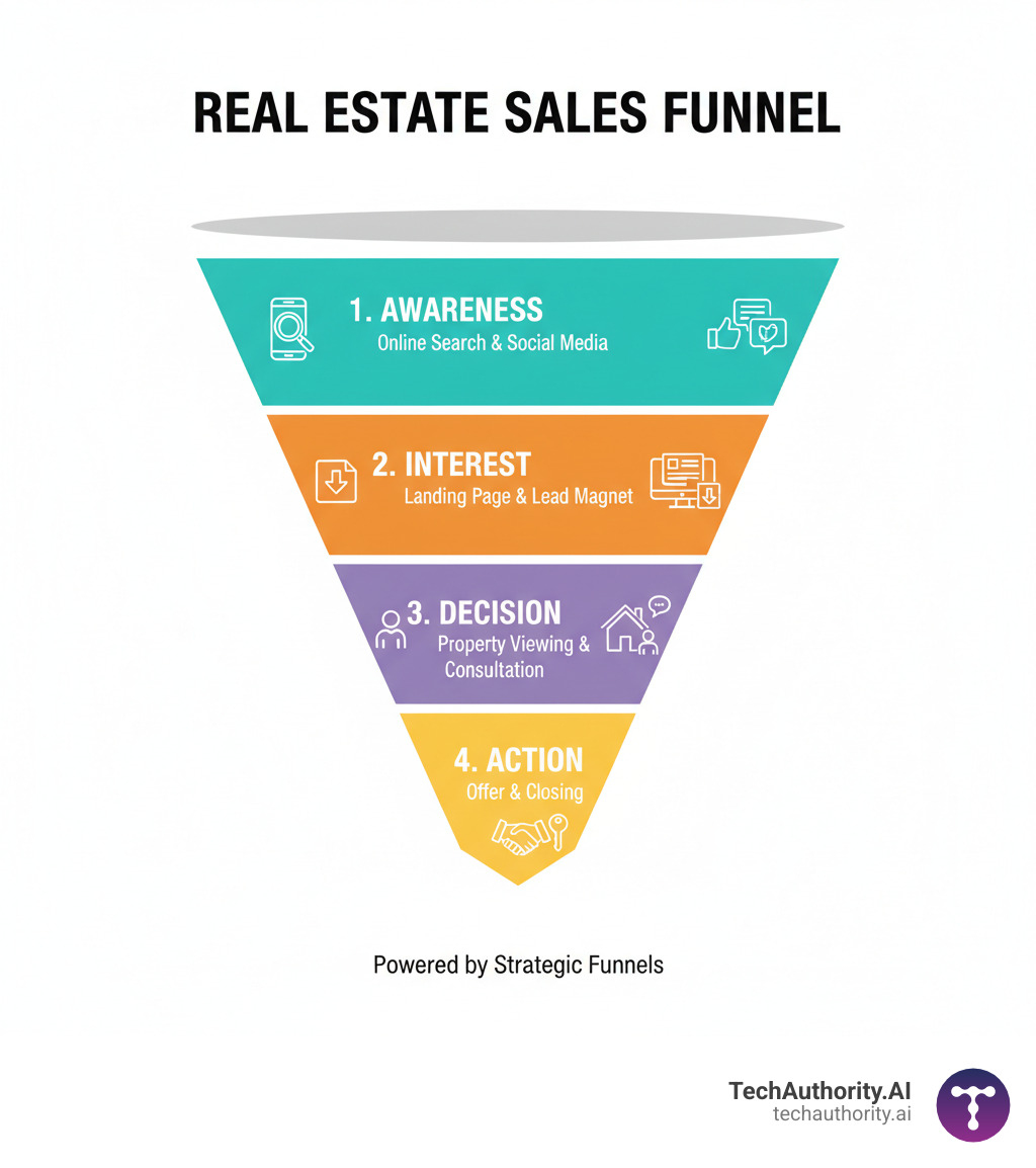 infographic explaining the stages of a real estate sales funnel: Awareness stage with online search and social media, Interest stage with landing page visit and lead magnet download, Decision stage with property viewing and consultation, Action stage with offer and closing - using clickfunnels for real estate infographic 