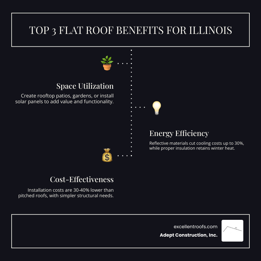 Infographic showing the top 3 benefits of flat roofs in Illinois: 1) Space Utilization - create rooftop patios, gardens, or install solar panels; 2) Energy Efficiency - reflective materials reduce cooling costs by up to 30% while proper insulation maintains warmth in winter; 3) Cost-Effectiveness - installation costs are 30-40% lower than pitched roofs, with competitive material pricing and simpler structural requirements - flat roof illinois infographic infographic-line-3-steps-dark Infographic showing the top 3 benefits of flat roofs in Illinois: 1) Space Utilization - create rooftop patios, gardens, or install solar panels; 2) Energy Efficiency - reflective materials reduce cooling costs by up to 30% while proper insulation maintains warmth in winter; 3) Cost-Effectiveness - installation costs are 30-40% lower than pitched roofs, with competitive material pricing and simpler structural requirements - flat roof illinois infographic infographic-line-3-steps-dark