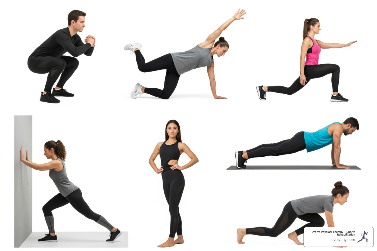 collage illustrating the seven fundamental primal movements - what is the best primal movement for improving mobility