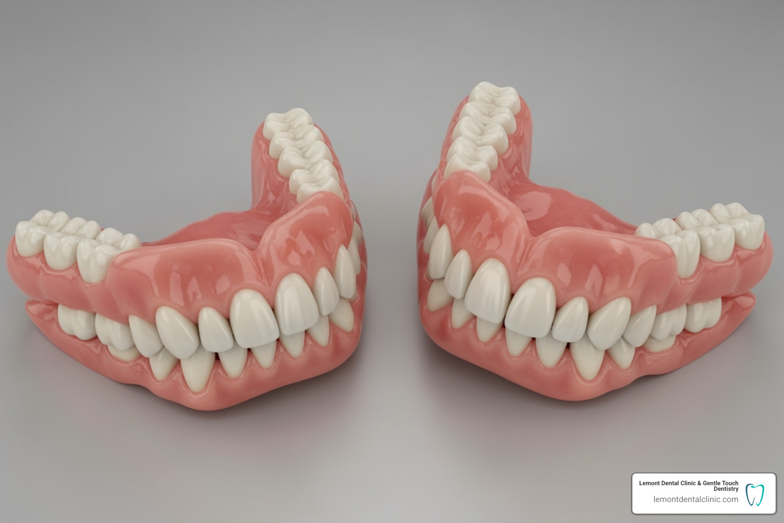 A meticulously crafted set of conventional upper and lower full dentures, showcasing the lifelike acrylic base and natural-looking teeth - what are the different types of full dentures