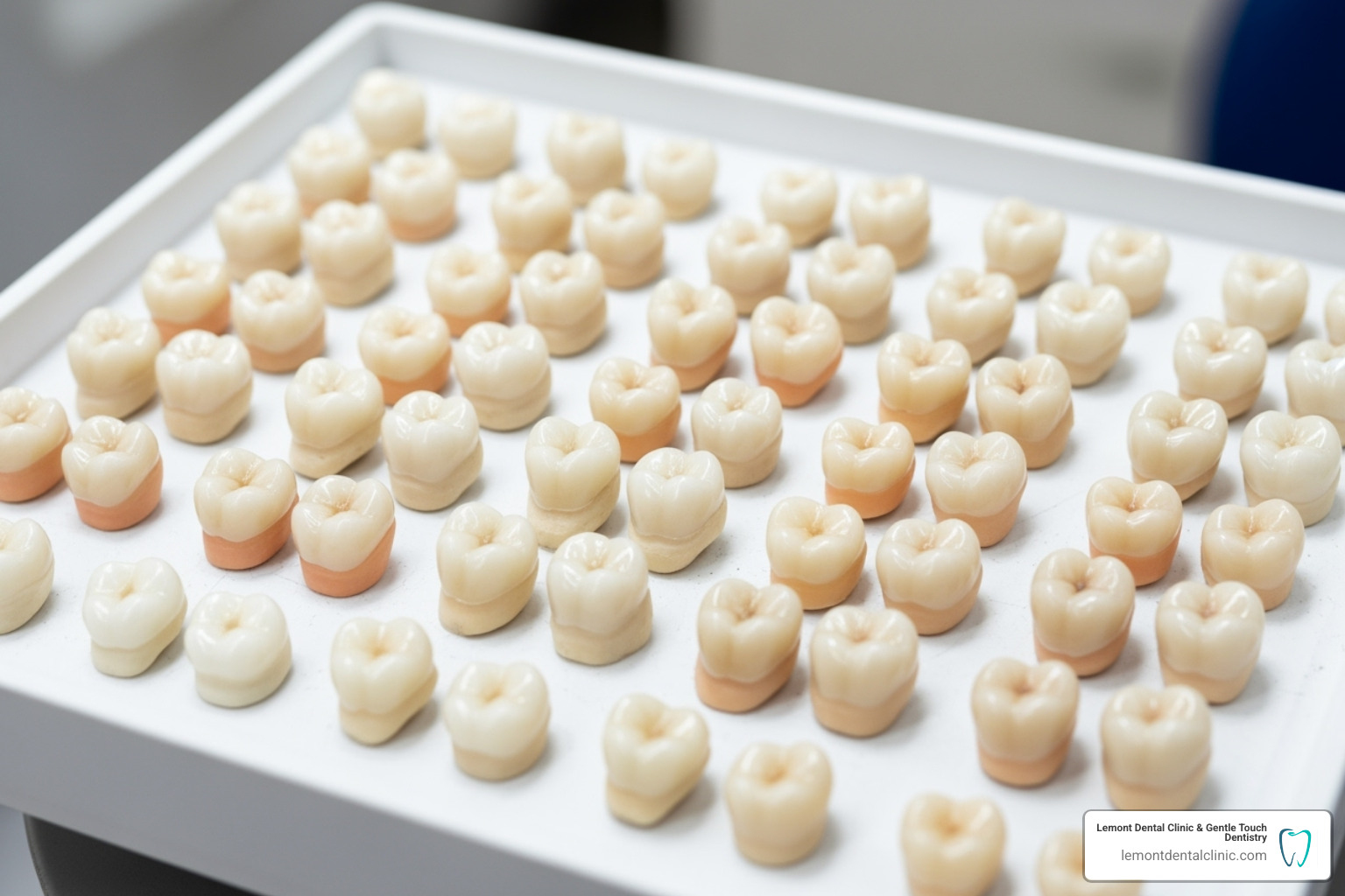 A display showcasing various shades and shapes of denture teeth, highlighting the extensive customization options available to match natural dentition. - what are the different types of full dentures