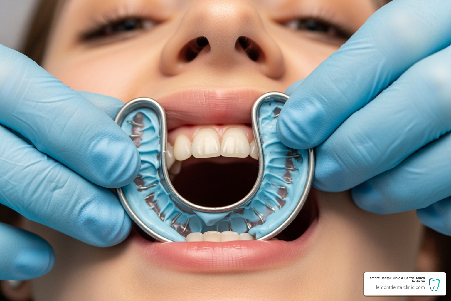 A close-up image of a dentist carefully taking dental impressions of a patient's mouth, highlighting the precision involved in the denture fabrication process. - what are the different types of full dentures