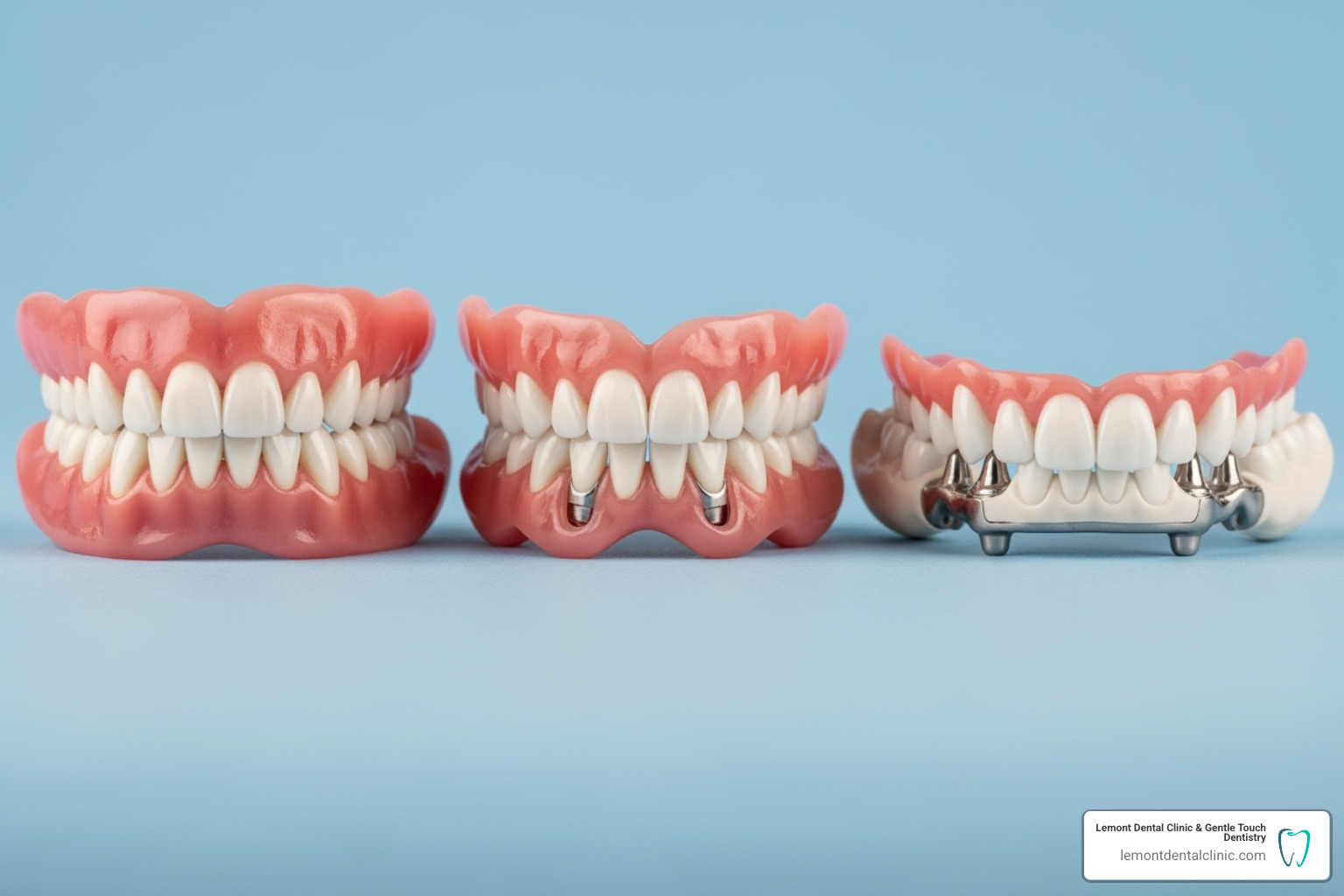 An illustration demonstrating how snap-on dentures securely attach to dental implants using locator abutments, highlighting the increased stability. - what are the different types of full dentures
