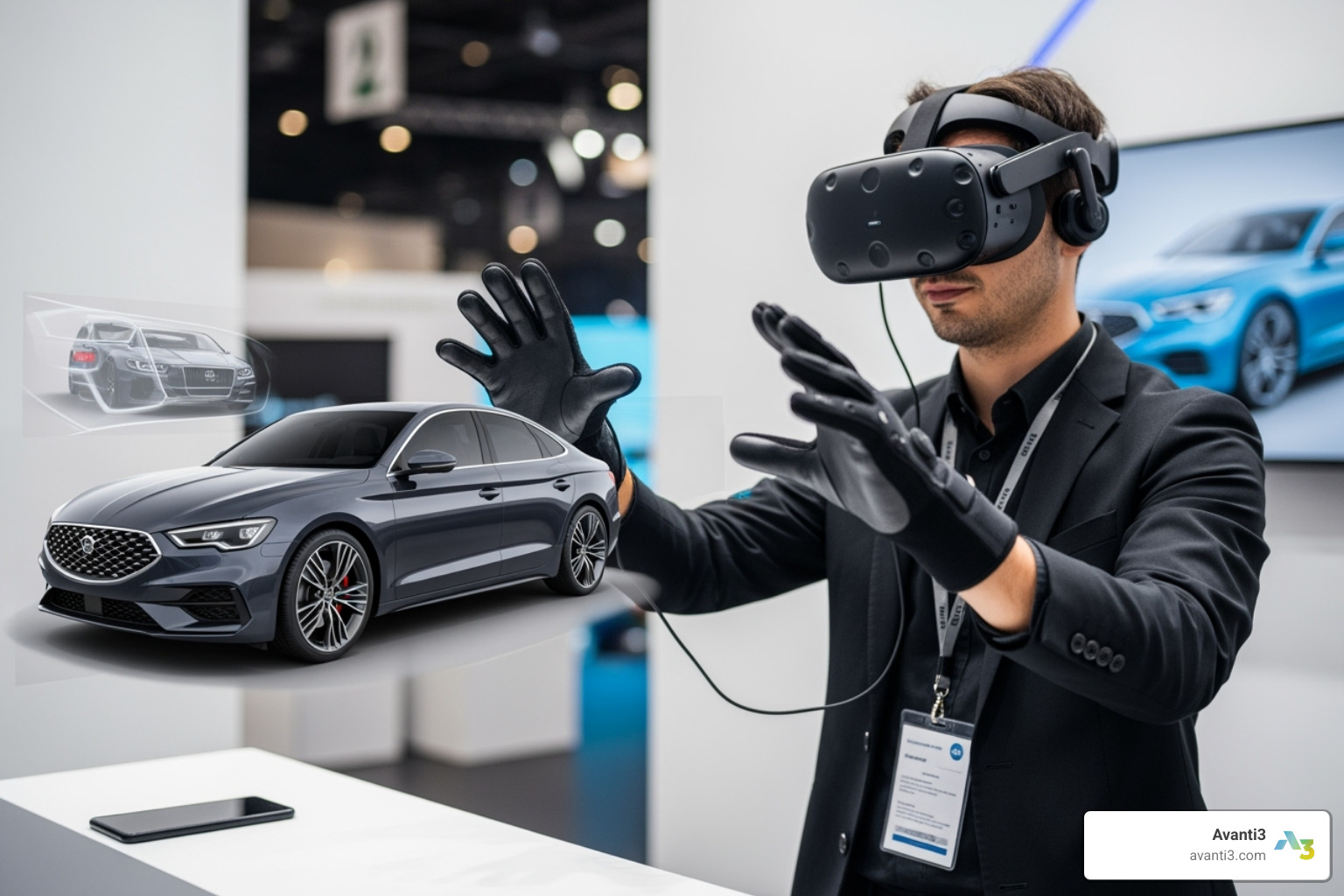 person interacting with virtual car model - virtual reality at consumer exhibitions