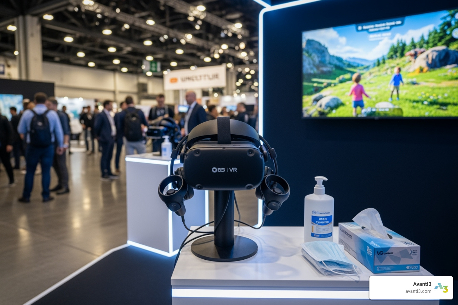 well-managed VR station with hygiene supplies - virtual reality at consumer exhibitions