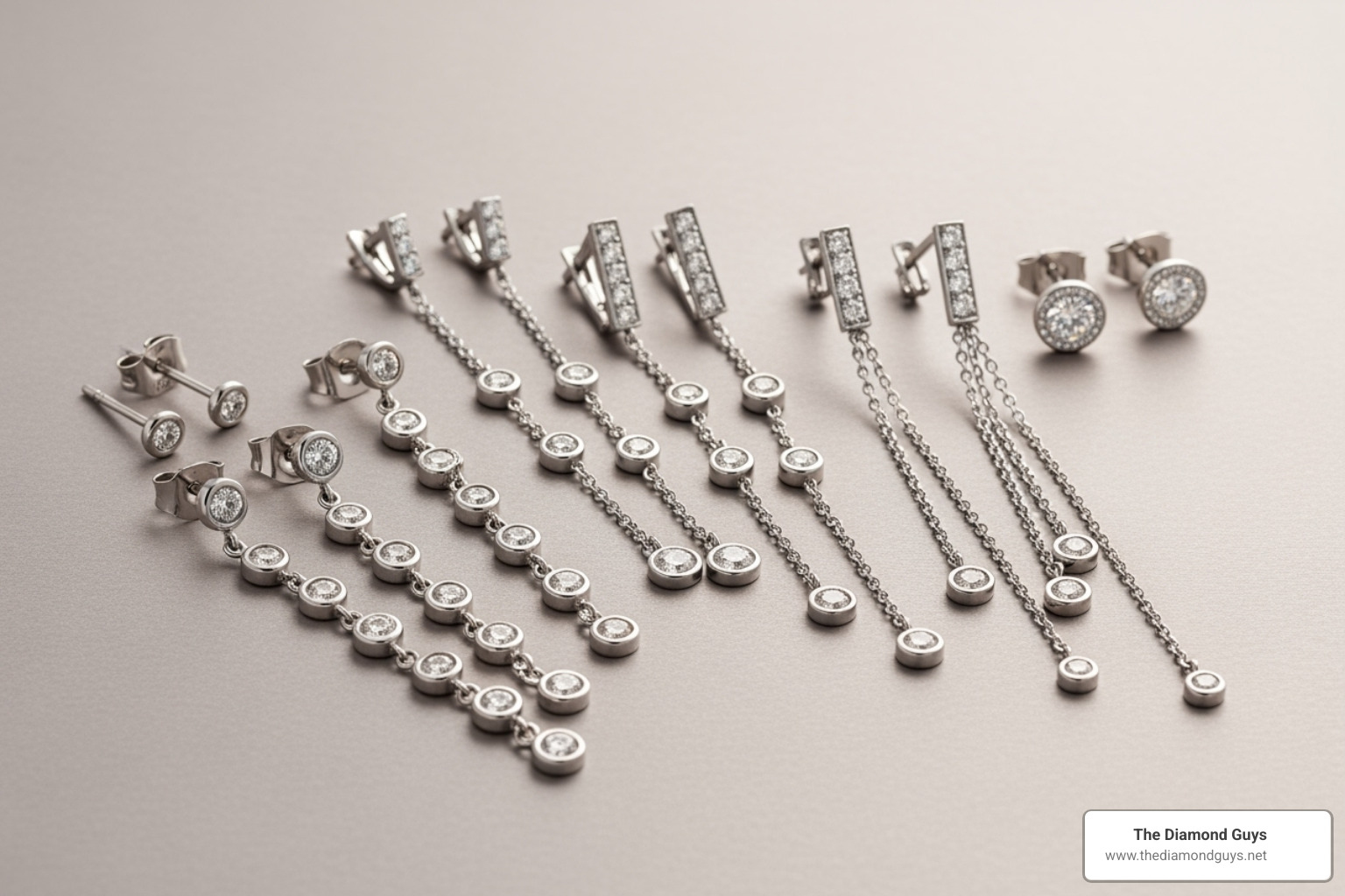 flat-lay showing various styles of diamonds by the yard earrings, including classic studs, linear drop earrings, and modern threaders - diamonds by the yard earrings
